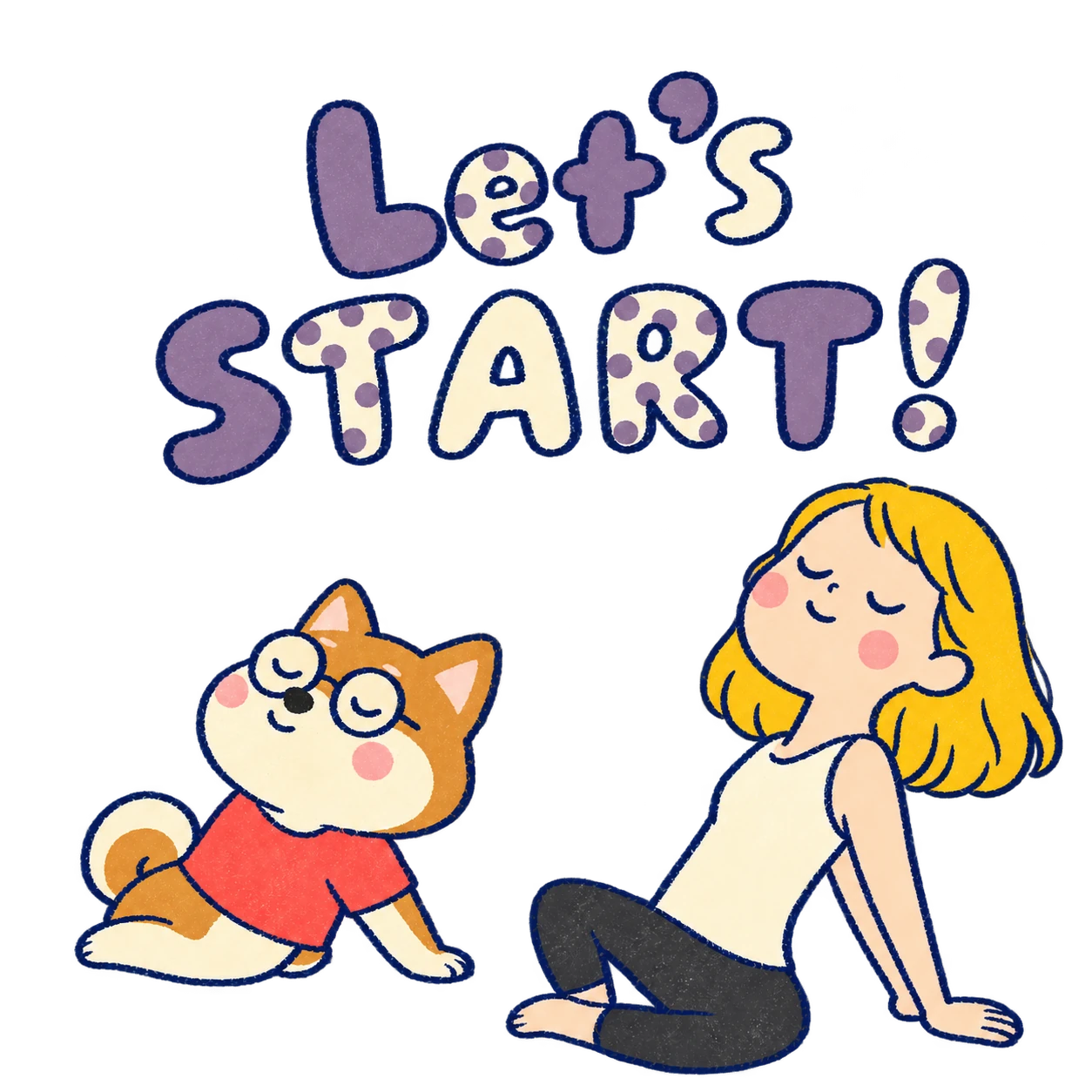 紫色のLet’s START!の文字と、ミディアムヘアの女性と柴犬が一緒にヨガを楽しむイラスト